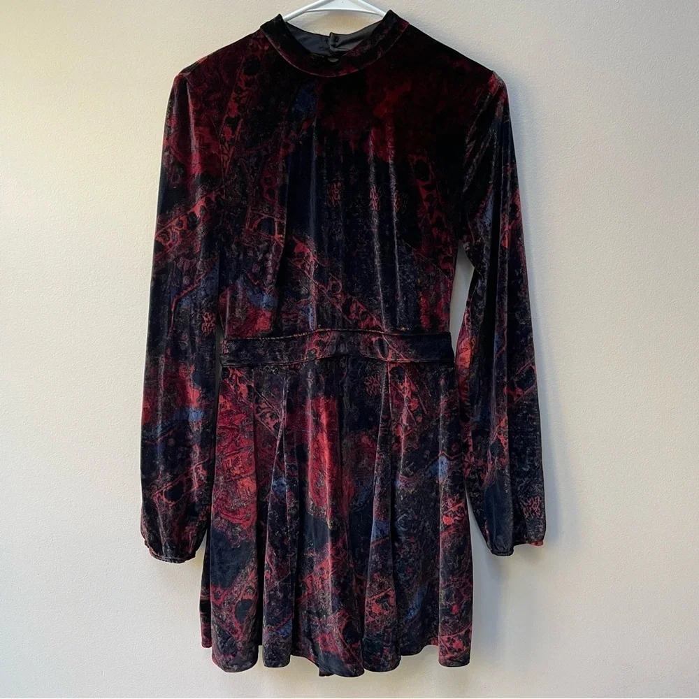 Free People Onyx Combo Printed Velvet Cut-out Back Romper Black Red Size 4